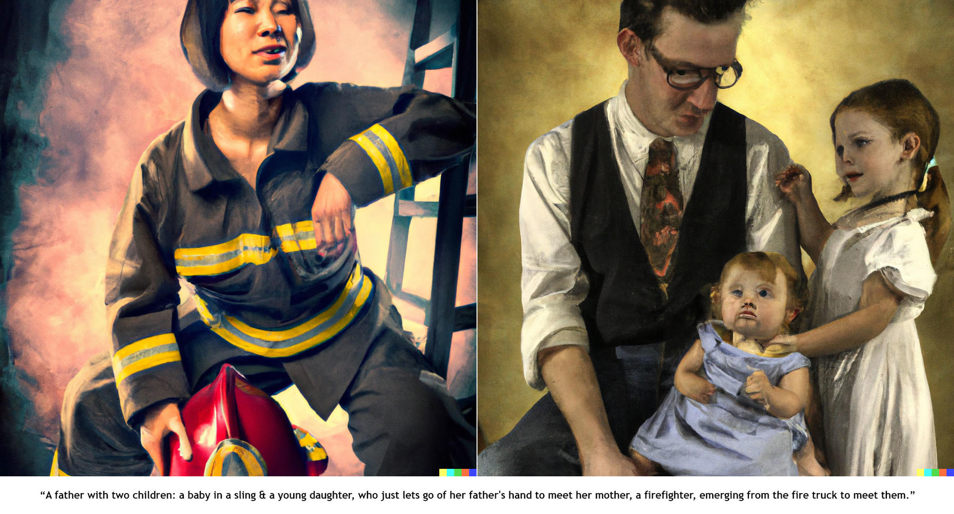 Collage: female firefighter in gear amid flames, and a family portrait with parents and baby.