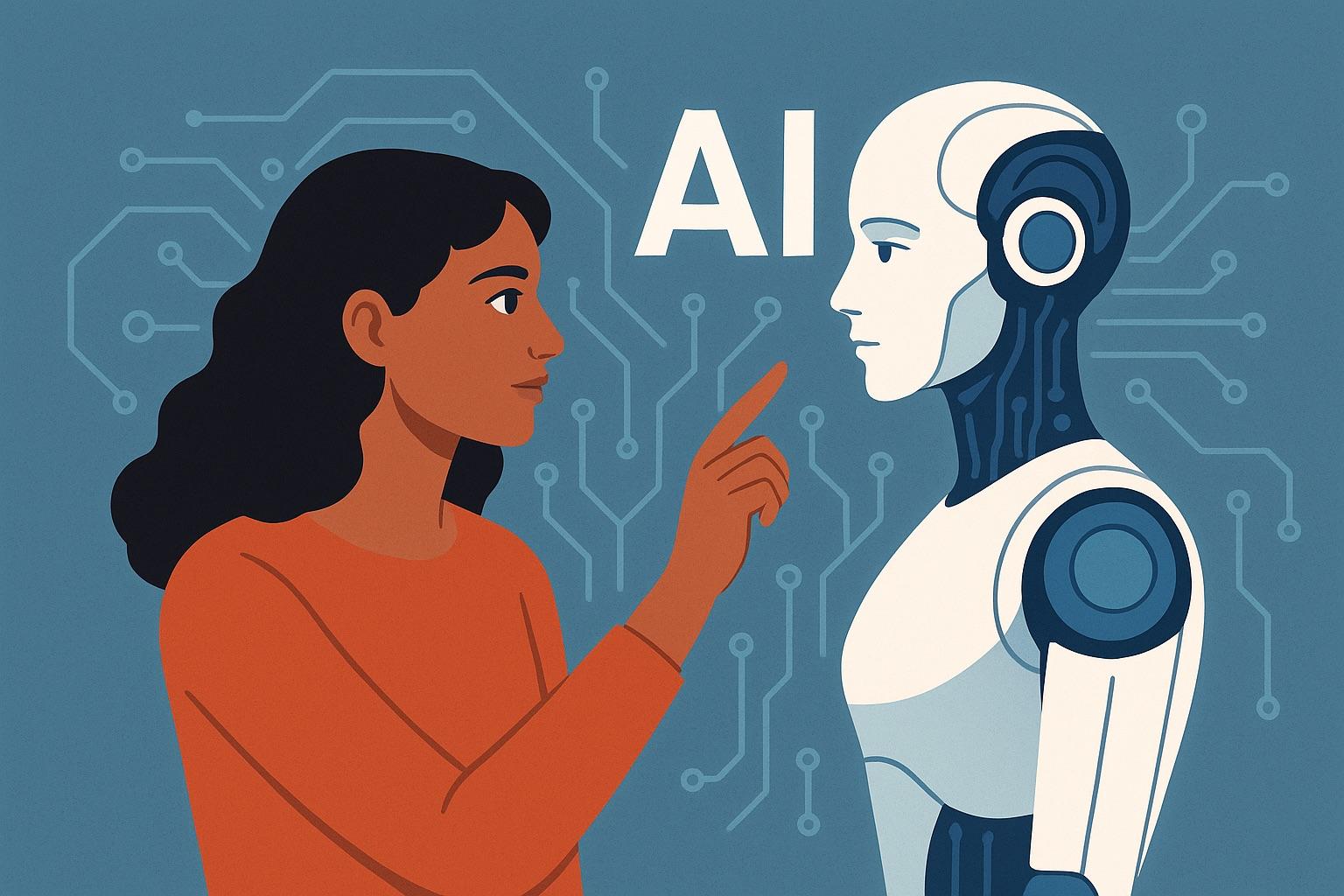 Illustration of a person reaching toward a humanoid robot amid AI text and circuit background.