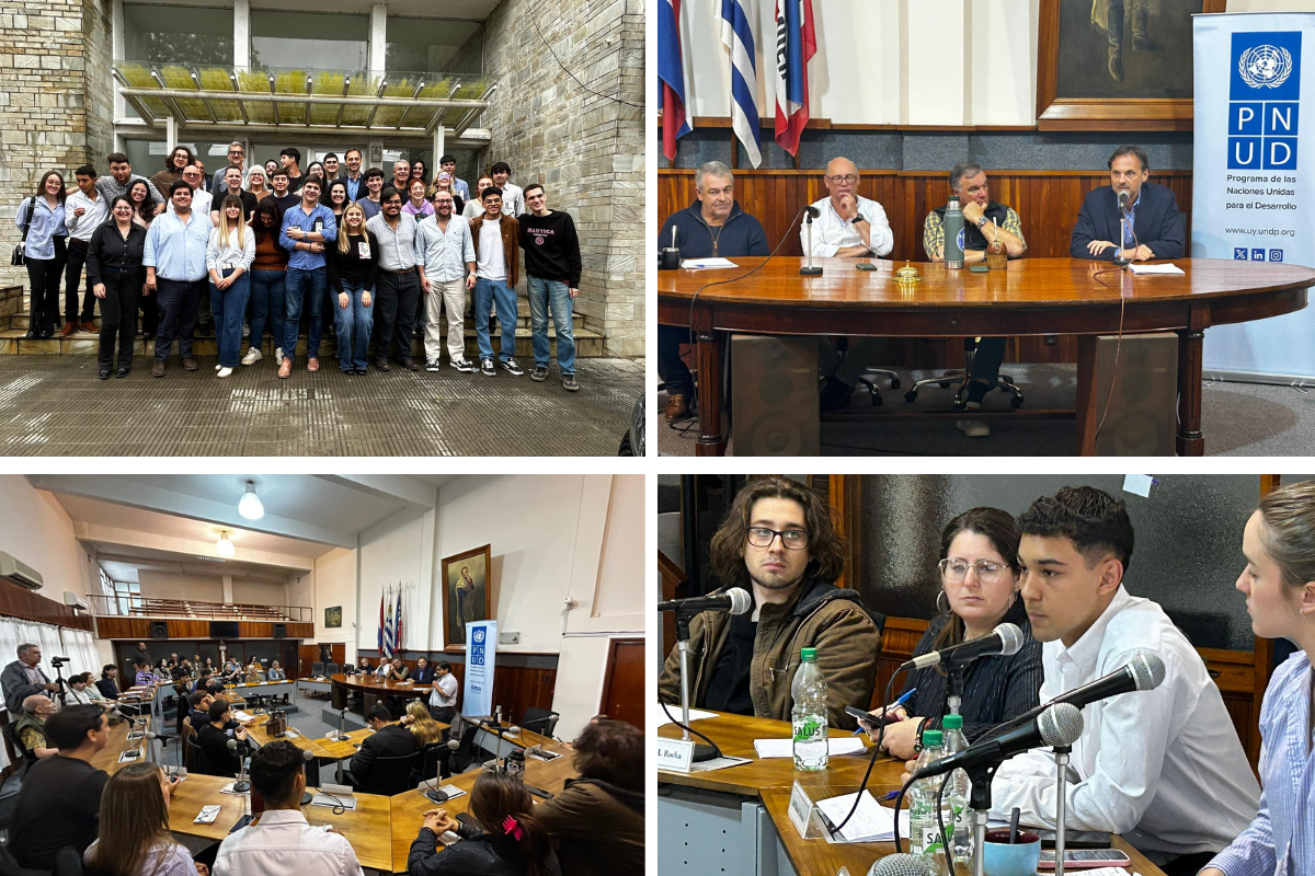 Collage of four scenes: outdoor group, UN-panel conference, classroom lecture, roundtable.