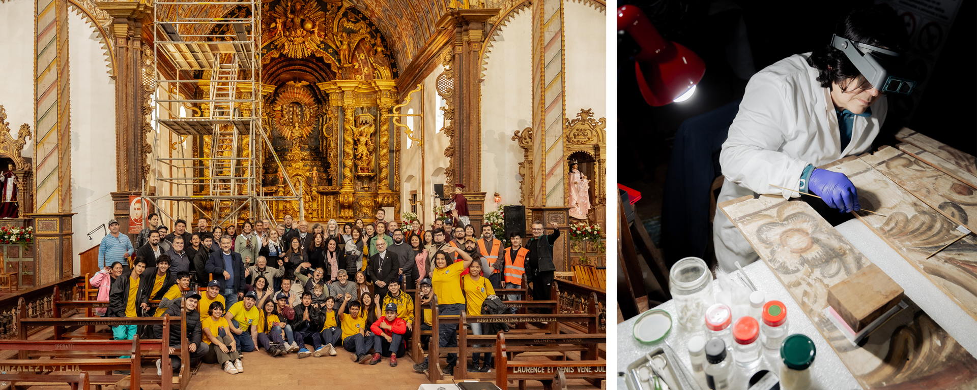 Two-panel image: left ornate church with worshippers; right gloved worker handling pills.