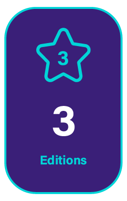 Rounded blue badge with cyan border, star icon with 3, a large 3, and Editions.