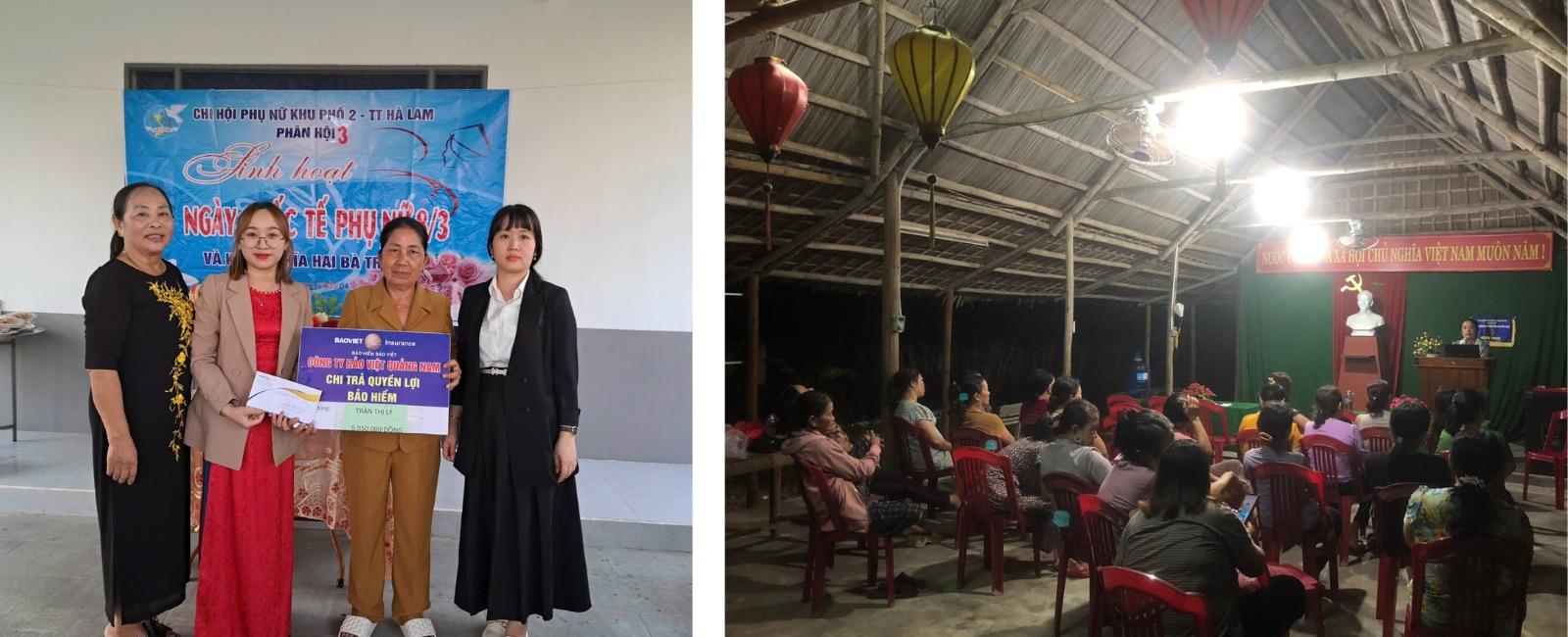 Left: group posing with banners at an indoor event; Right: audience facing a stage in a hall.
