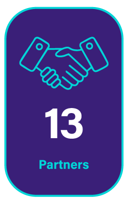 Graphic badge with a handshake icon, displaying the number 13 and the word Partners.
