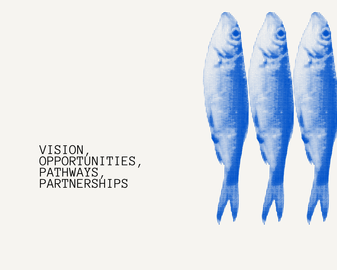 Graphic with three blue fish silhouettes and words VISION, OPPORTUNITIES, PATHWAYS, PARTNERSHIPS.