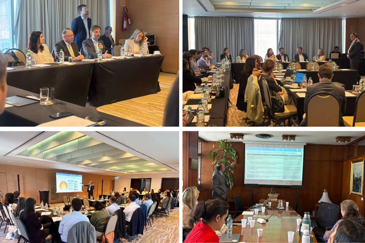 Collage of a conference: panelists at a head table, attendees around tables, projector slides.