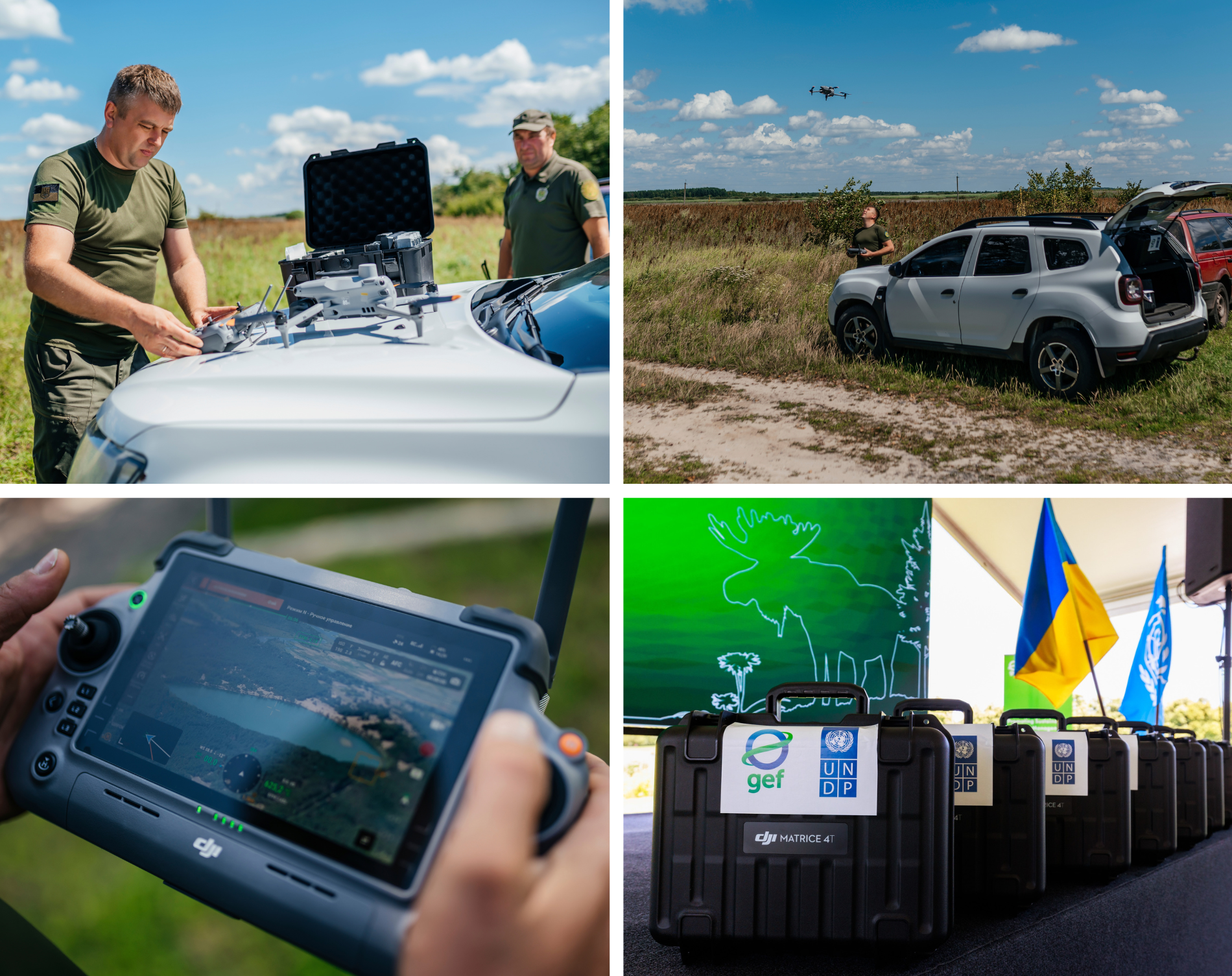 Four-panel collage: outdoor tech setup, SUV on rural road, handheld map device, and Ukraine flags.