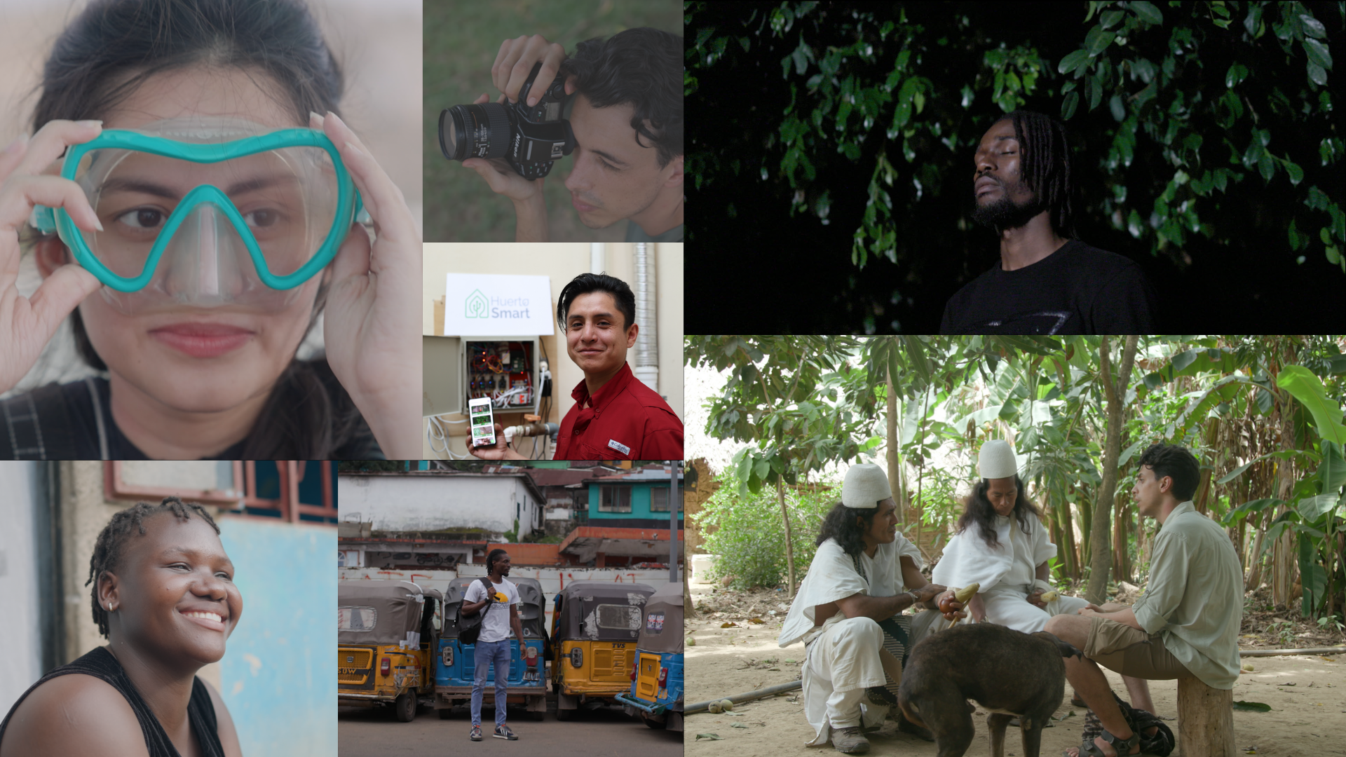 Collage of nine photos: people, a red truck, and jungle scenes.