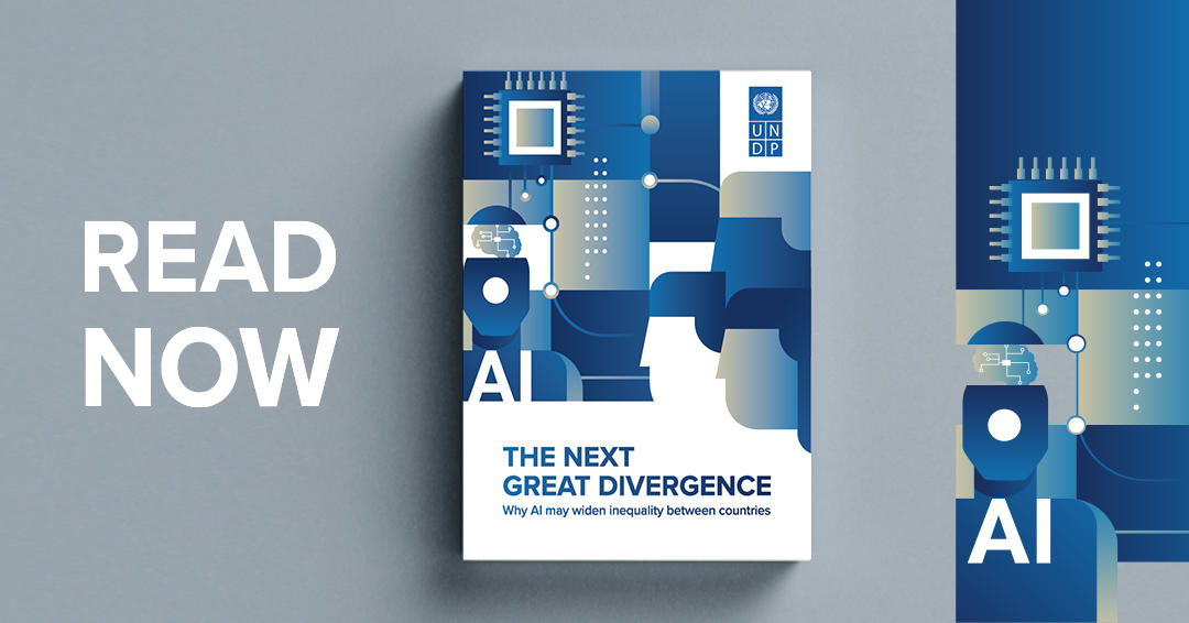 Ad poster: 'READ NOW' on gray left; blue geometric book covers featuring AI on the right.