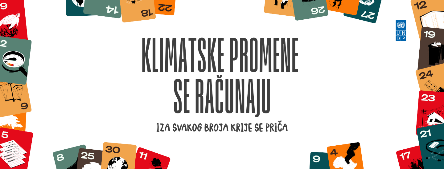 Colorful flag-bordered banner with a white center reading 'Klimatske promene se računaju'.