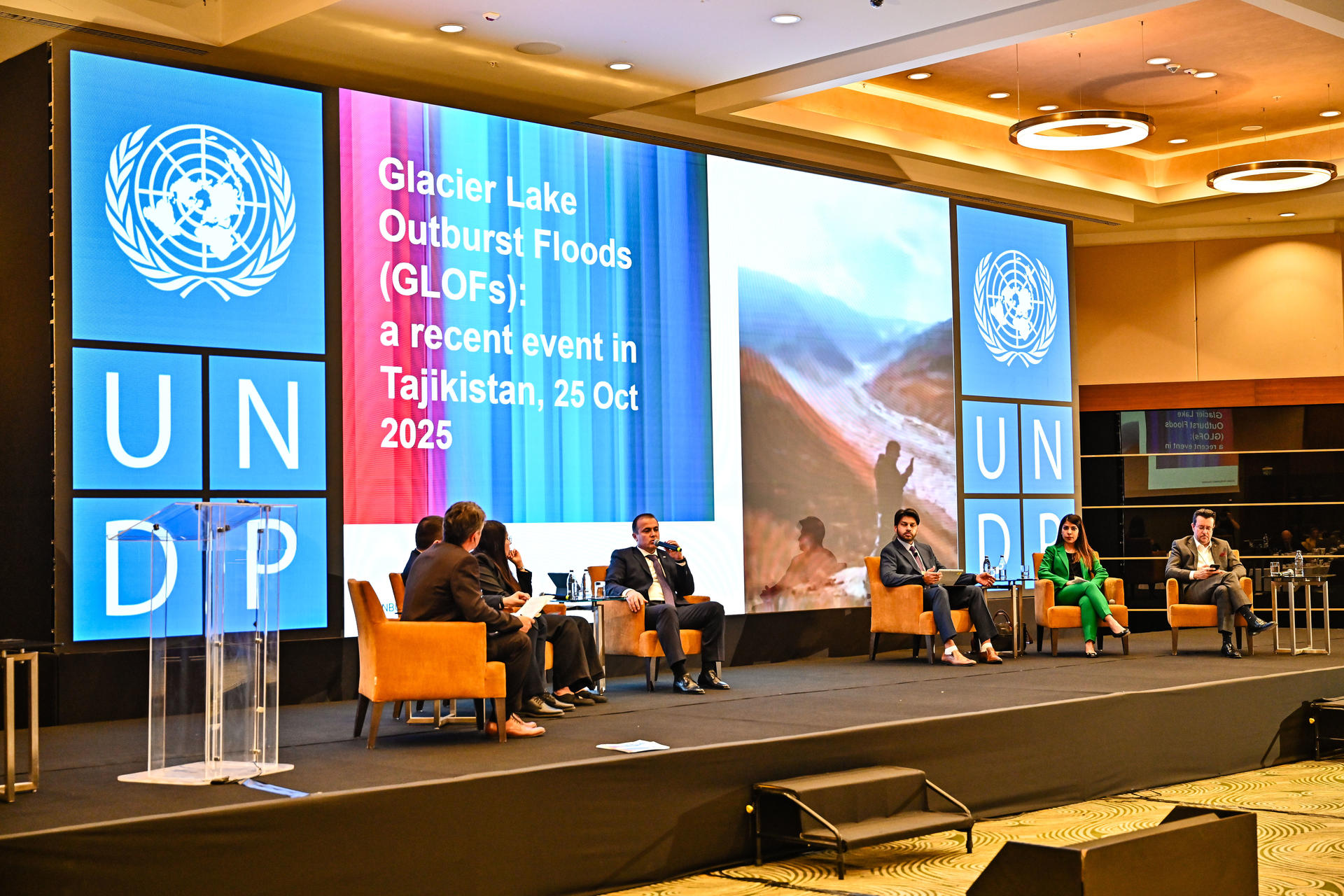 Panelists on a UNDP-branded stage with blue screens in a conference hall.