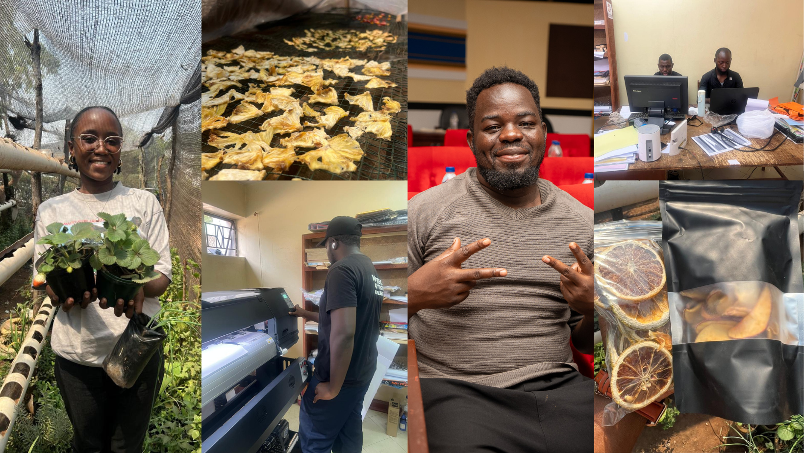 Six-photo collage: person with flowers, pastries, man indoors, person by a car, pizza tray, group at table.