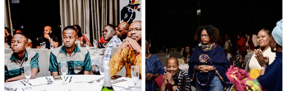 Two-panel photo of diverse people at an indoor event; left in teal shirts, right in purple.