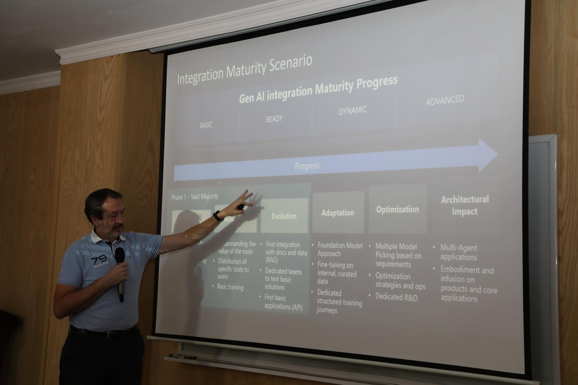 Man in a blue shirt presenting beside a projected slide with multi-column chart in conference room.
