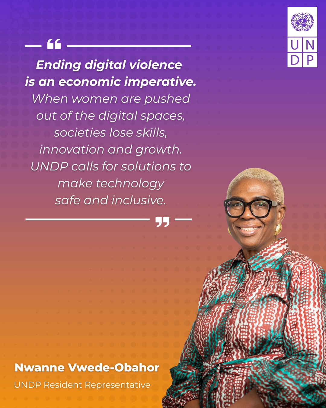 UNDP campaign on ending digital violence; purple-to-orange gradient background plaid-shirted person.