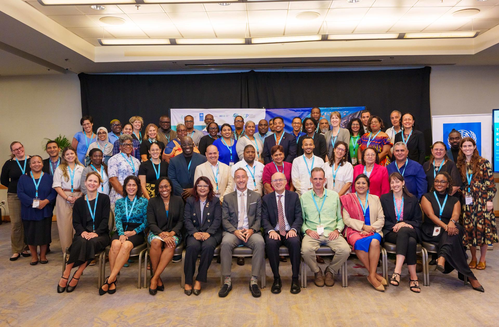 Large group of professionals in business attire posing for a group photo in a conference room.