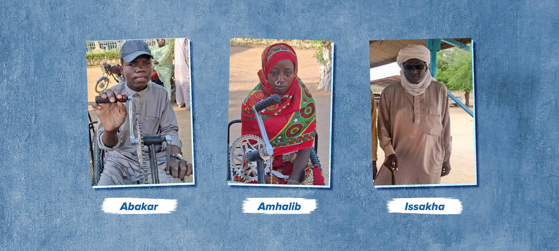 Three small outdoor photos on blue background; left man in cap, middle person in red, right masked.