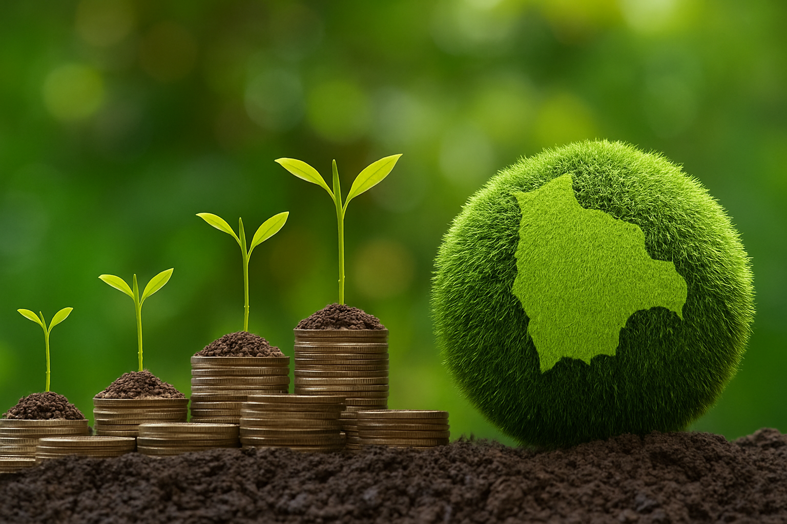 Young plants sprout on stacks of coins in soil, beside a mossy green globe with a country silhouette.