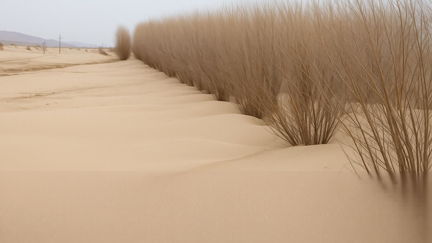 Desert dunes with tall dry grasses along the right; a distant figure on the horizon.