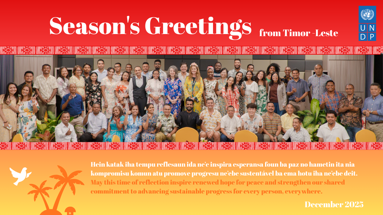 Season's Greetings banner over a large group photo; colorful crowd and orange footer with palms.