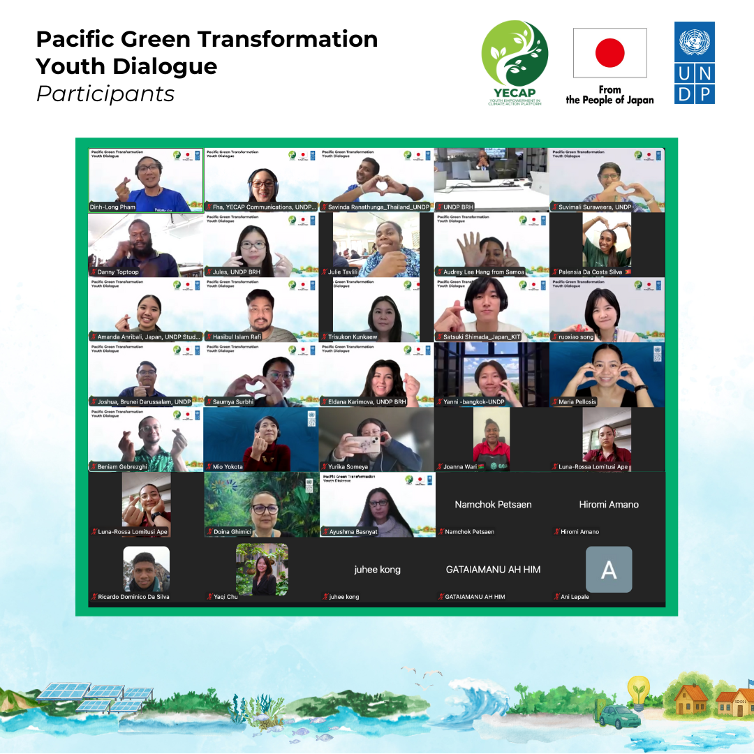 Zoom meeting with numerous participants; banner reads Pacific Green Transformation Youth Dialogue.