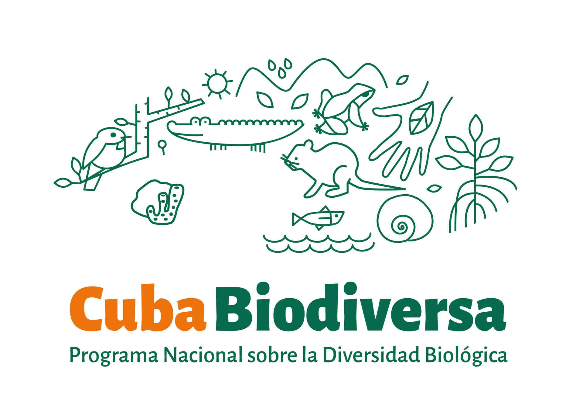 Cuba Biodiversa logo in orange and teal with nature doodles and Spanish slogan.