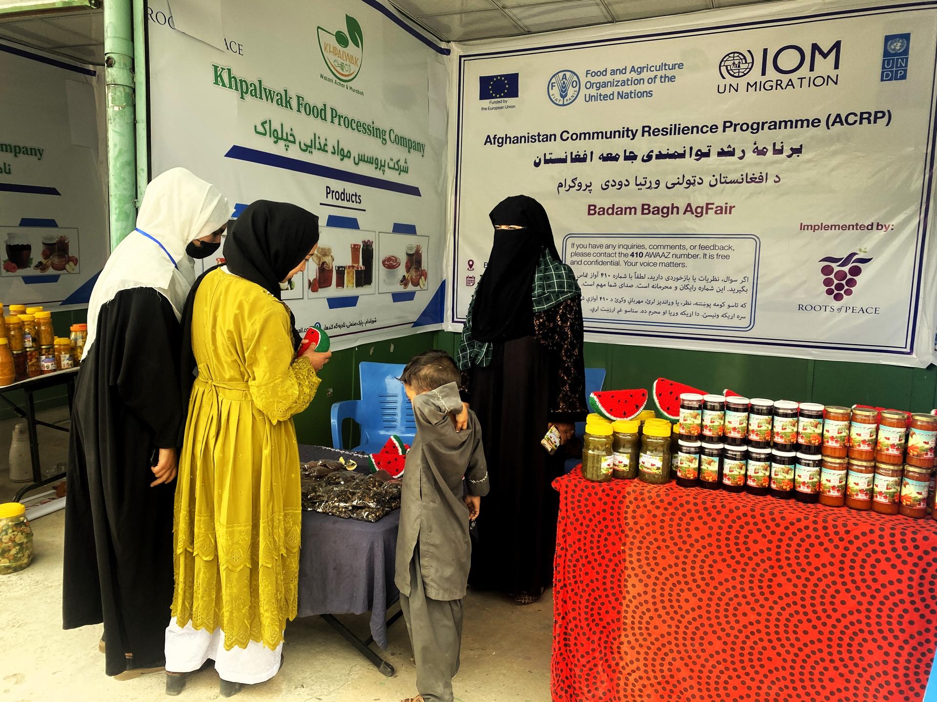 Photograph of a busy expo booth with banners; women in hijabs and a child interact.