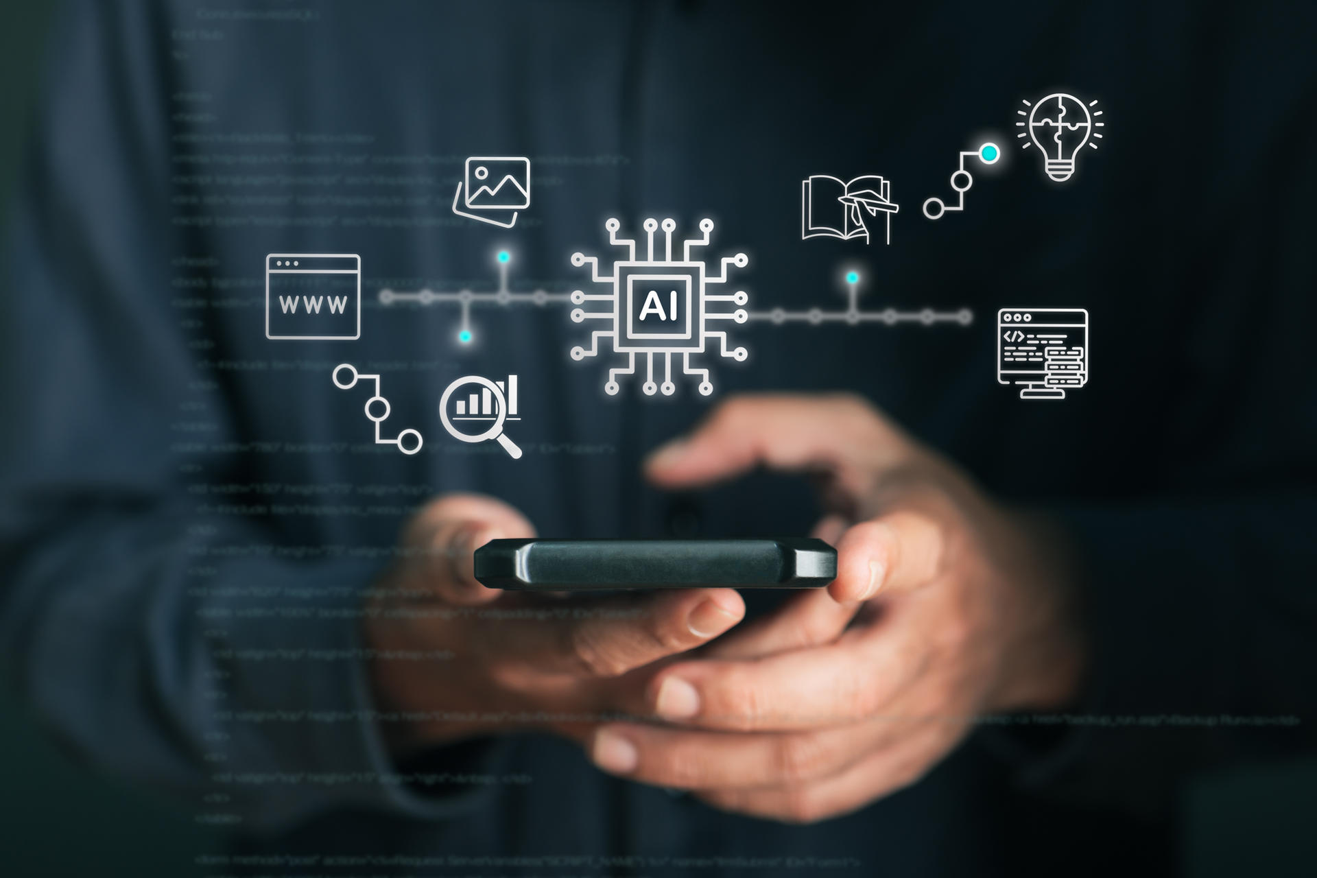 Person in dark clothing holds a smartphone with floating tech icons around.