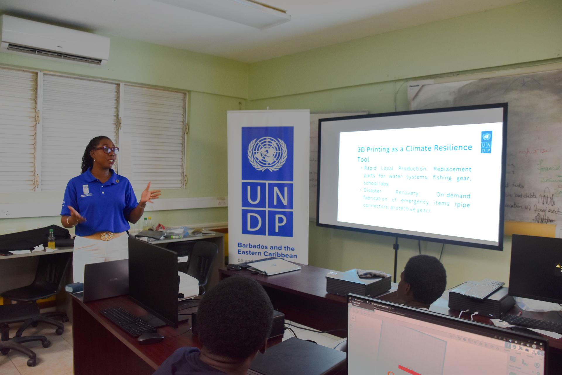 Photograph of a trainer at a UNDP workshop presenting slides to an attentive audience.