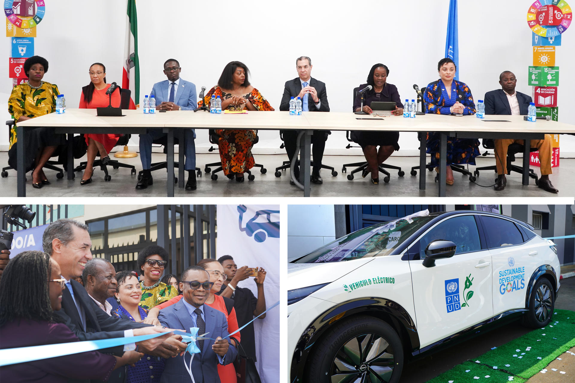 Collage of conference panel with diverse speakers; ribbon-cutting ceremony; white car with logos.