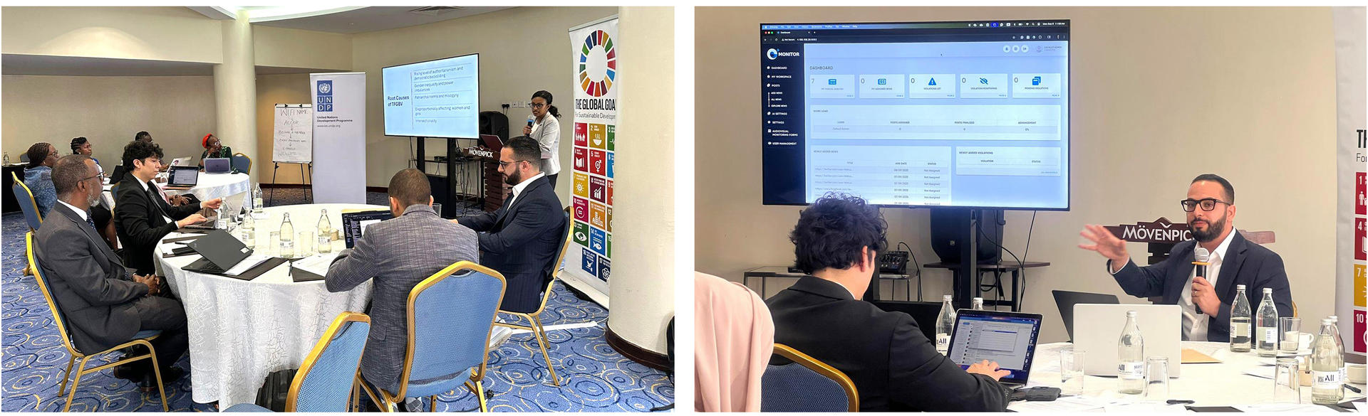 Two conference photos: left shows attendees around tables; right shows a moderator with slides.