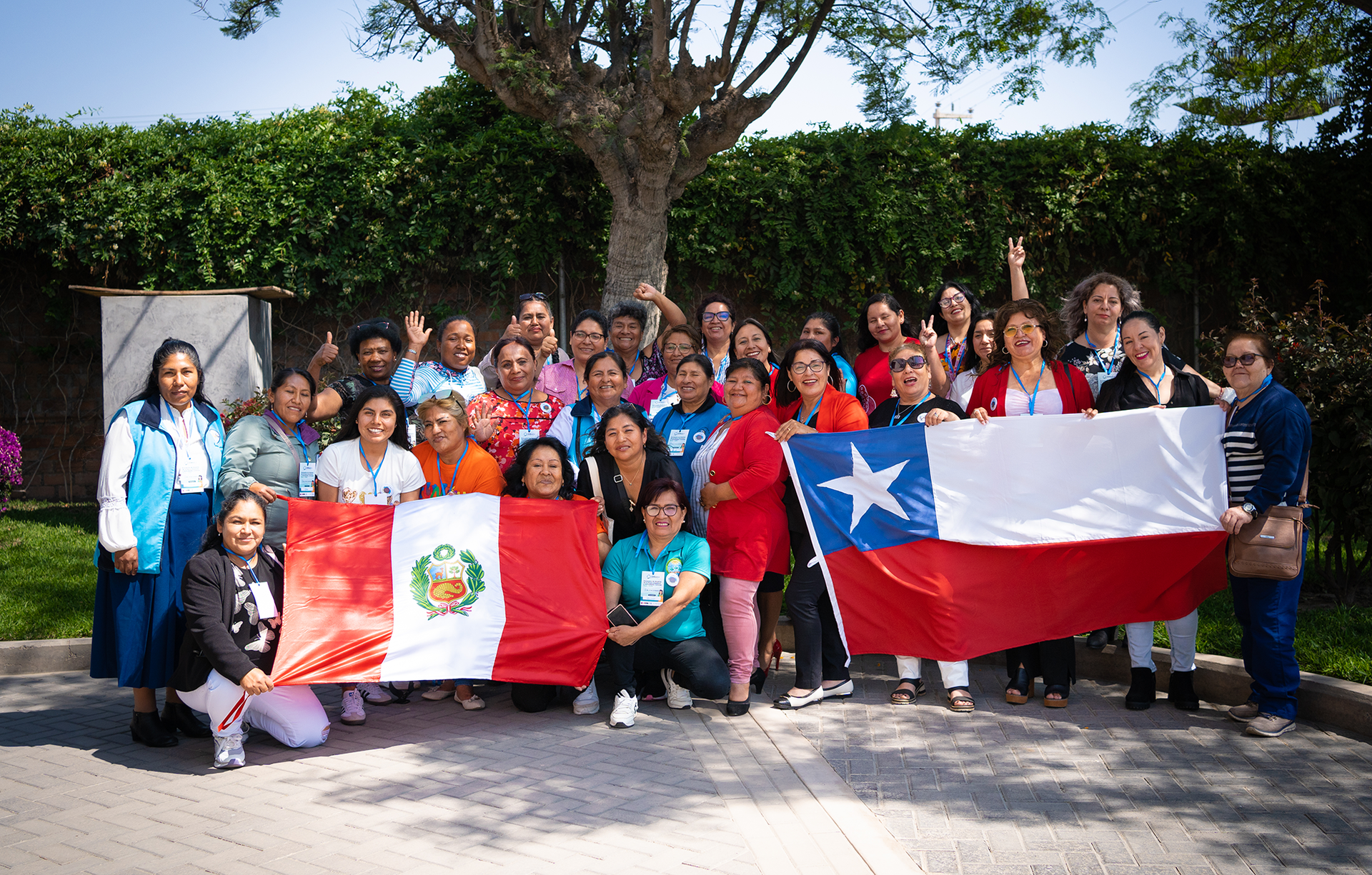 Group of people posing outdoors in a park, holding Peruvian and Chilean flags.