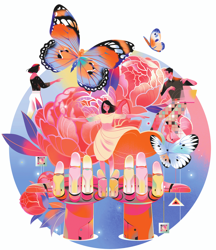Vibrant circular illustration with pink flowers, butterflies, and a person in orange pants.