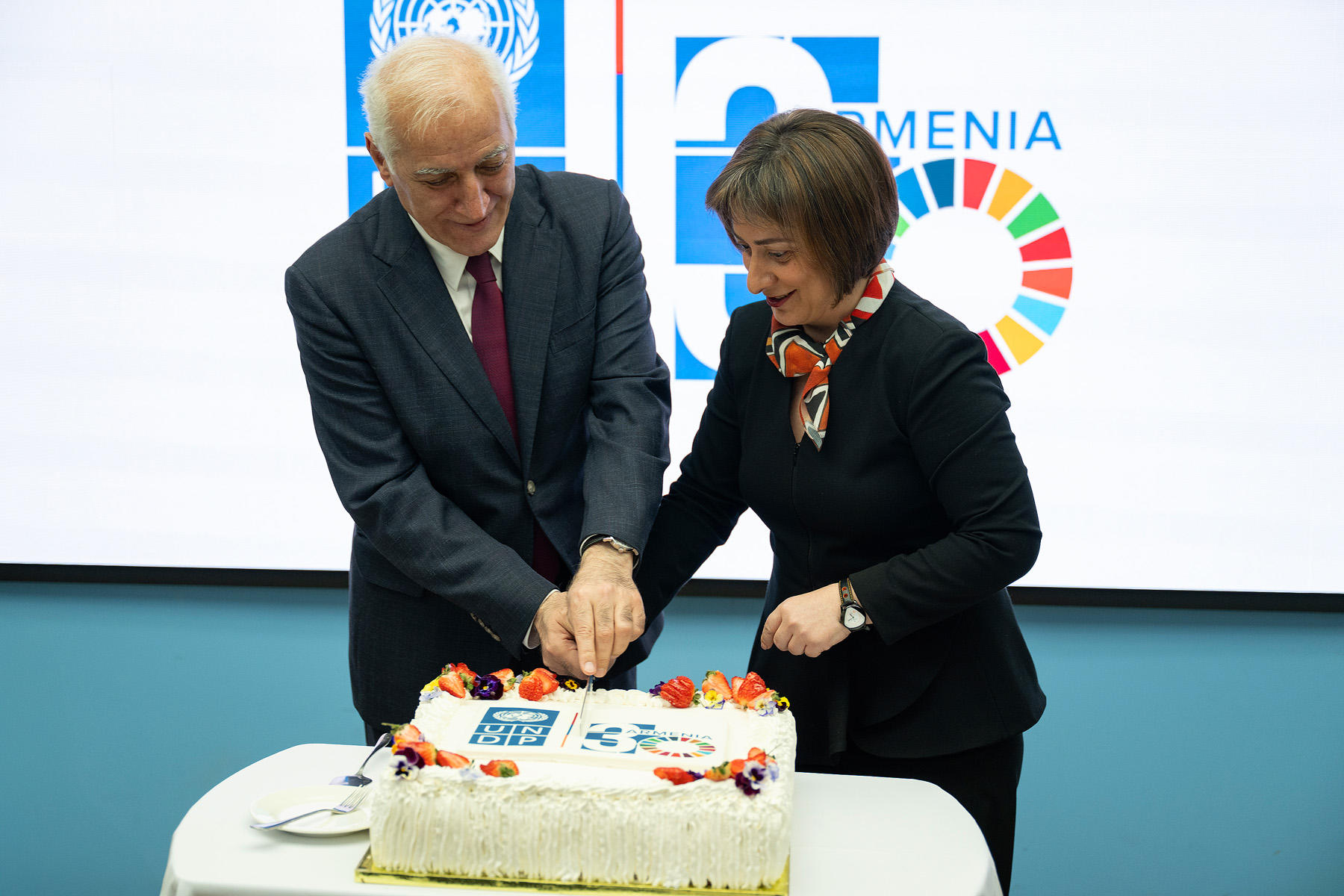 Two formally dressed people slice a cake at a table during a presentation; SDG logo on screen.