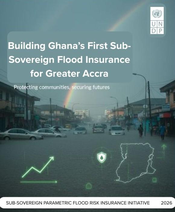 Street banner announcing Ghana's Sub-Sovereign Framework for Greater Accra; UNDP logo and map.