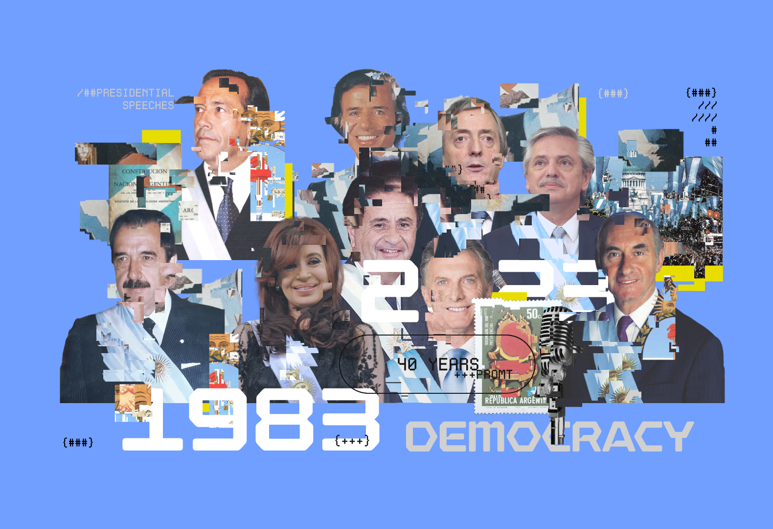 Poster collage of political figures on a blue background with 1983 DEMOCRACY.
