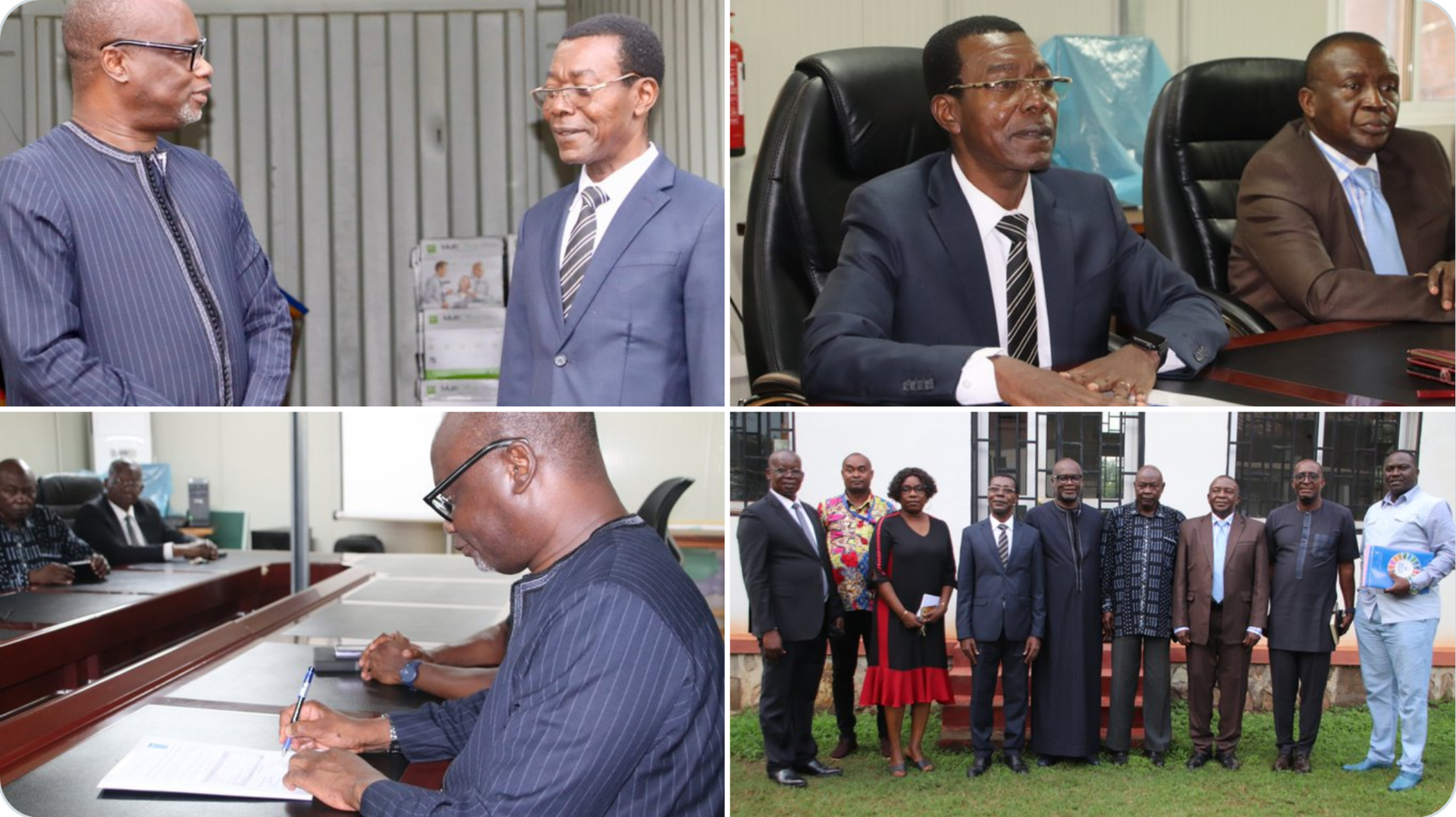Collage of photos showing businessmen in suits at meetings, signing documents, and a group photo.
