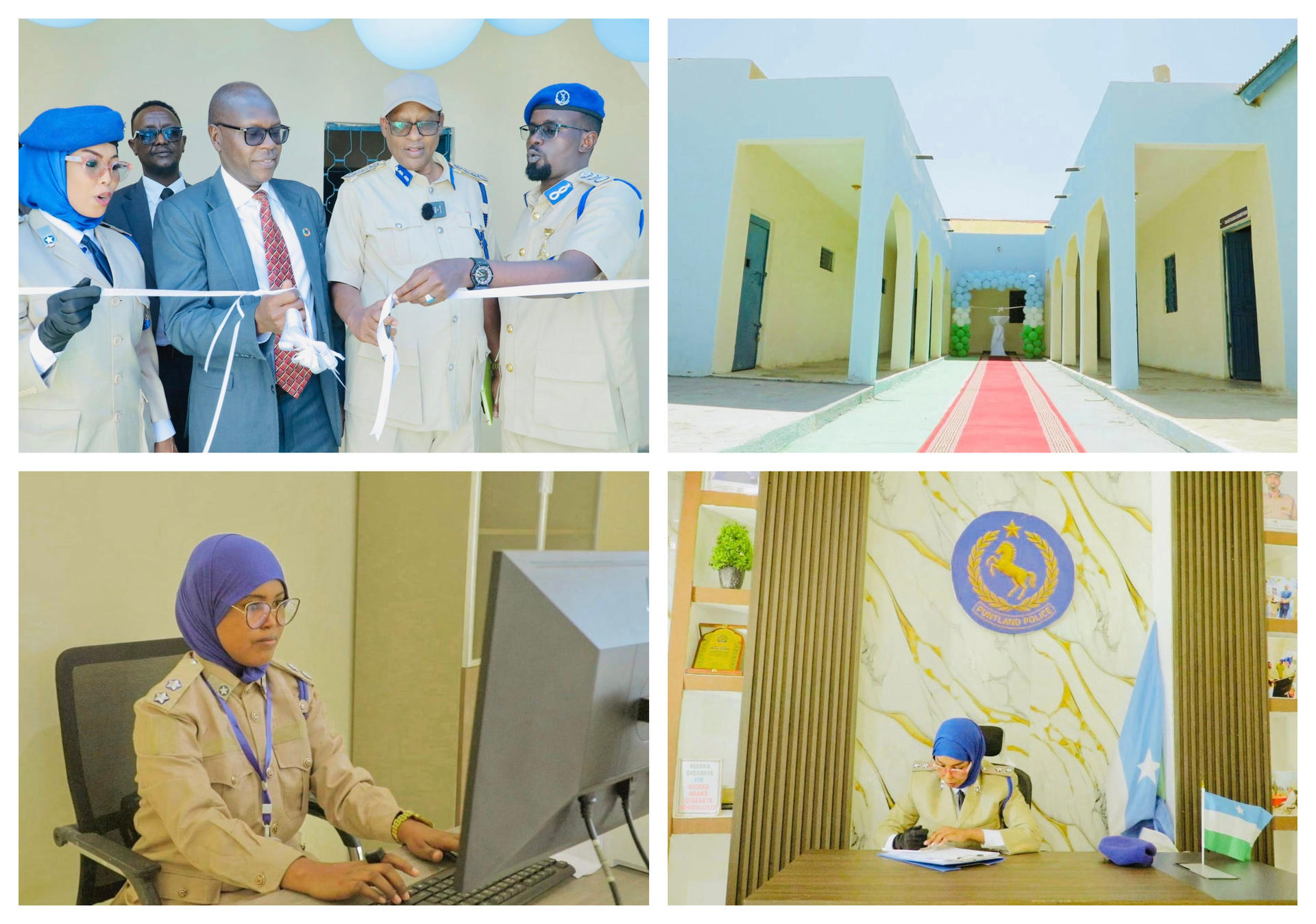 Photo collage: ribbon-cutting; sunny campus corridor; hijab-wearing woman at desk; podium speaker.