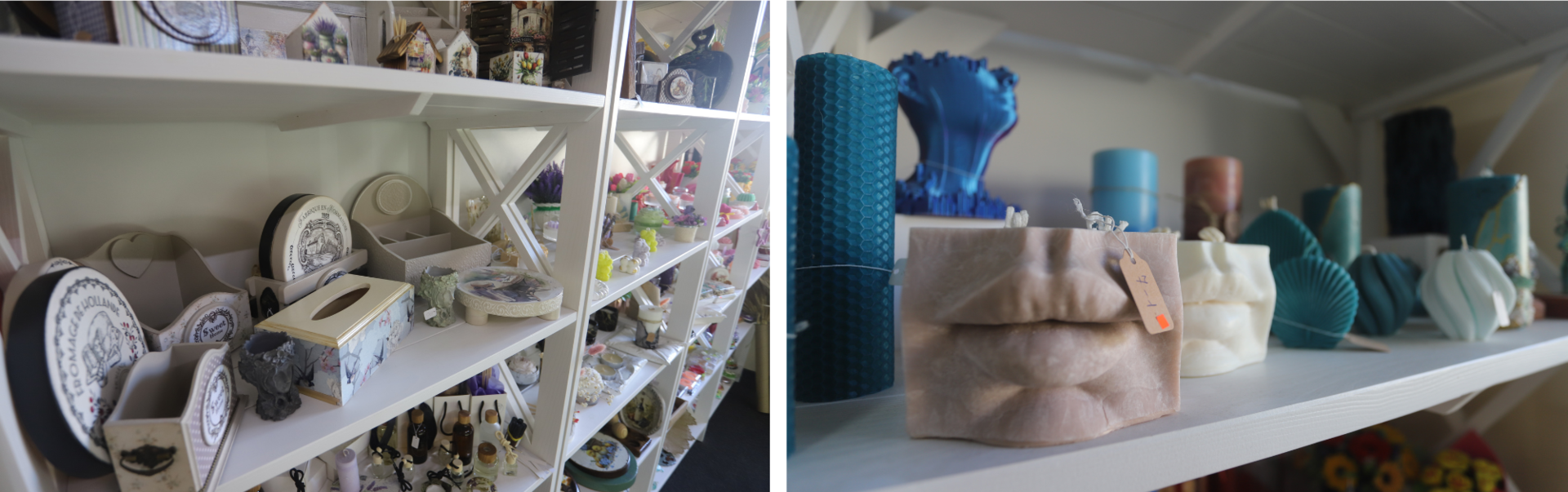 Store display with white mugs on a wooden rack left and teal shelves with bags on the right.