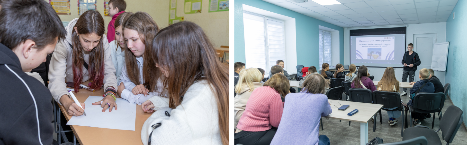 Left, students collaborate over documents at a table; right, a seminar with a presenter.
