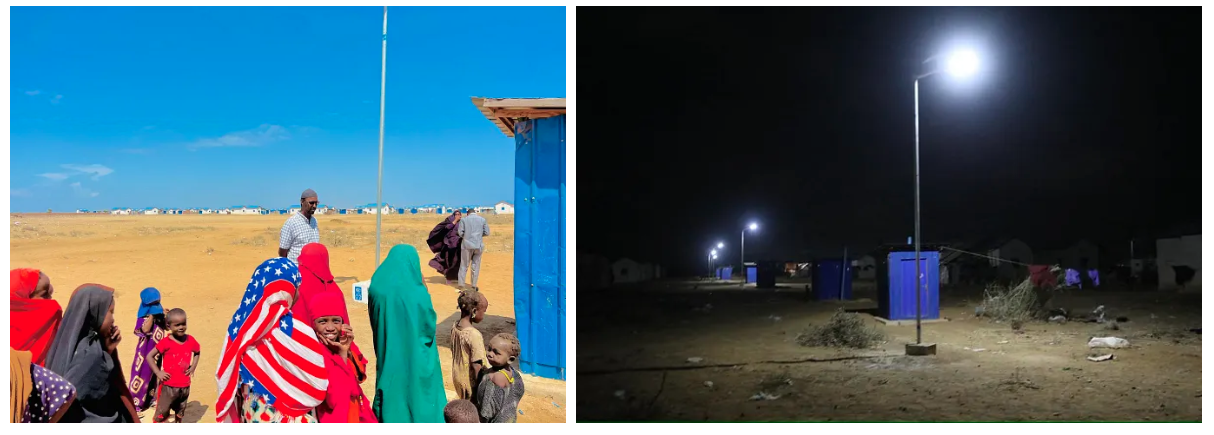 Two-panel outdoor: left colorful crowd on dunes; right night scene with floodlight and blue sign.