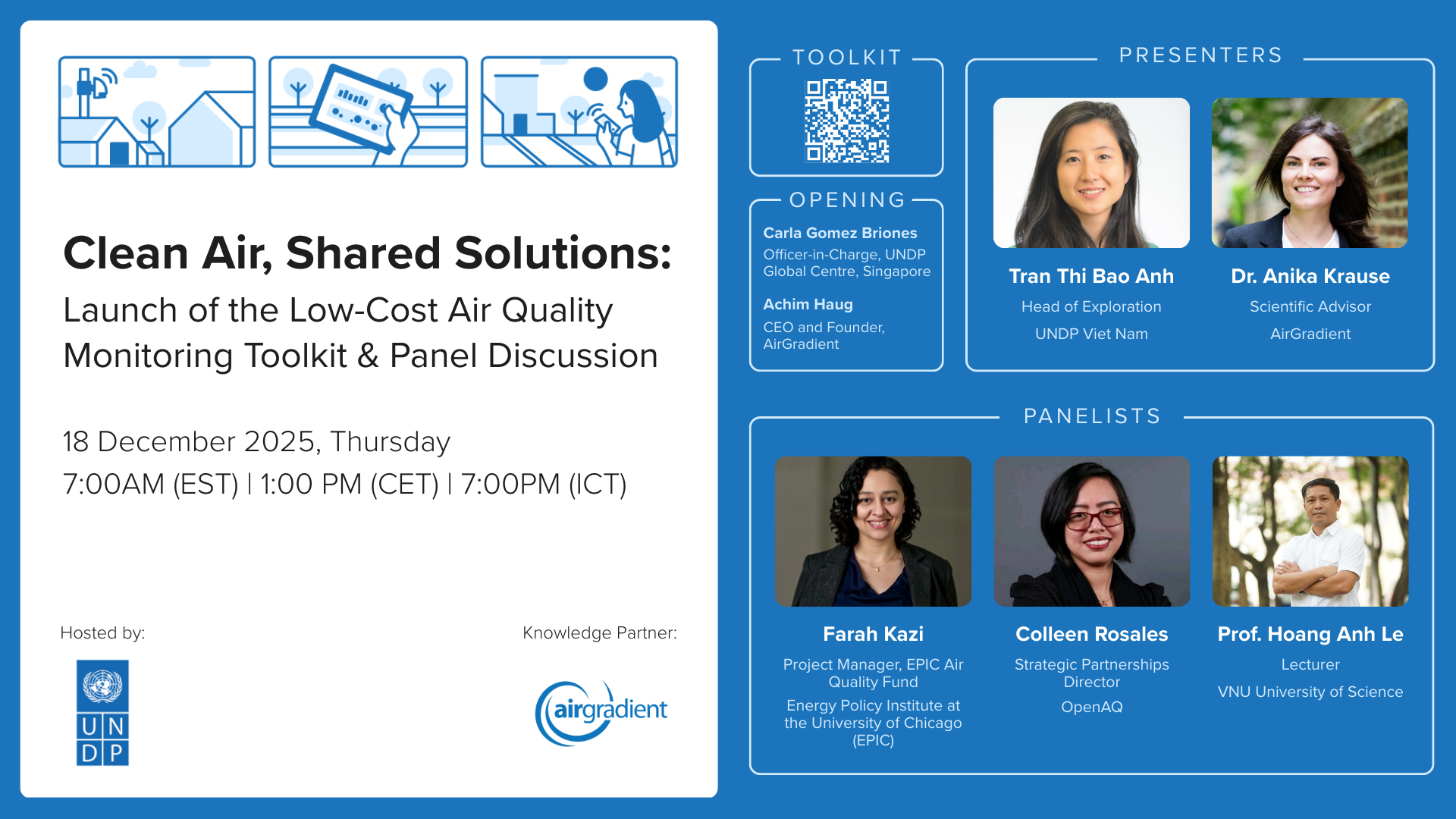 Blue-and-white event poster titled Clean Air, Shared Solutions; schedule on the left and speaker headshots on the right.