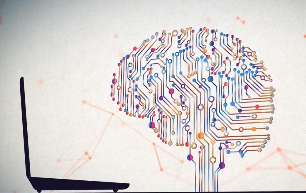 Graphic illustration of a brain with circuits beside a laptop