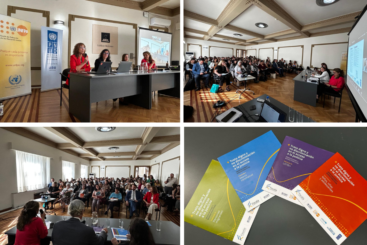 Collage showing conference scenes: panel discussion, lecture hall, audience, and colored cards.