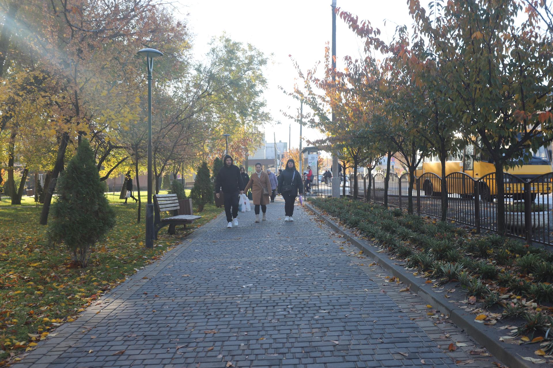 Autumn cobblestone path in a park with people walking away, flanked by trees and lampposts.
