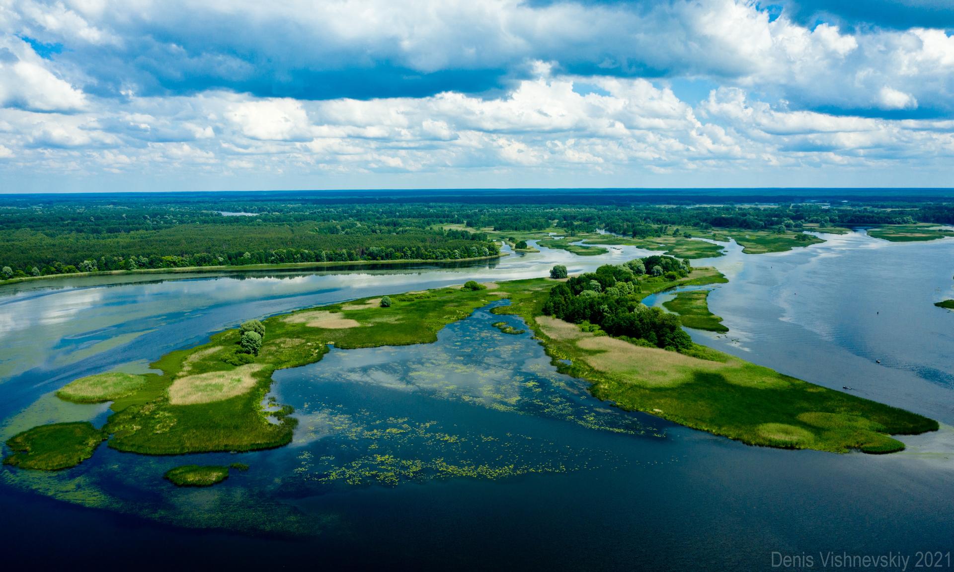 An aerial view of a lush river delta with winding channels, green islands, and blue water.