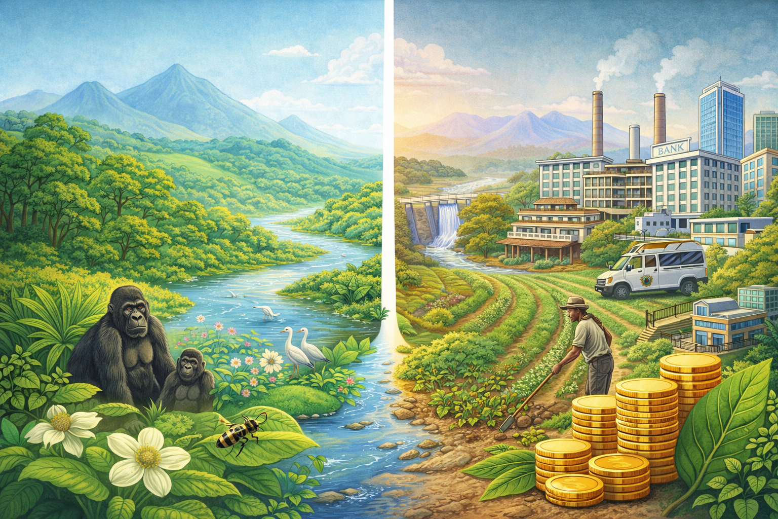 Two-panel painting: left gorilla by river in jungle; right factory town with gold bars.