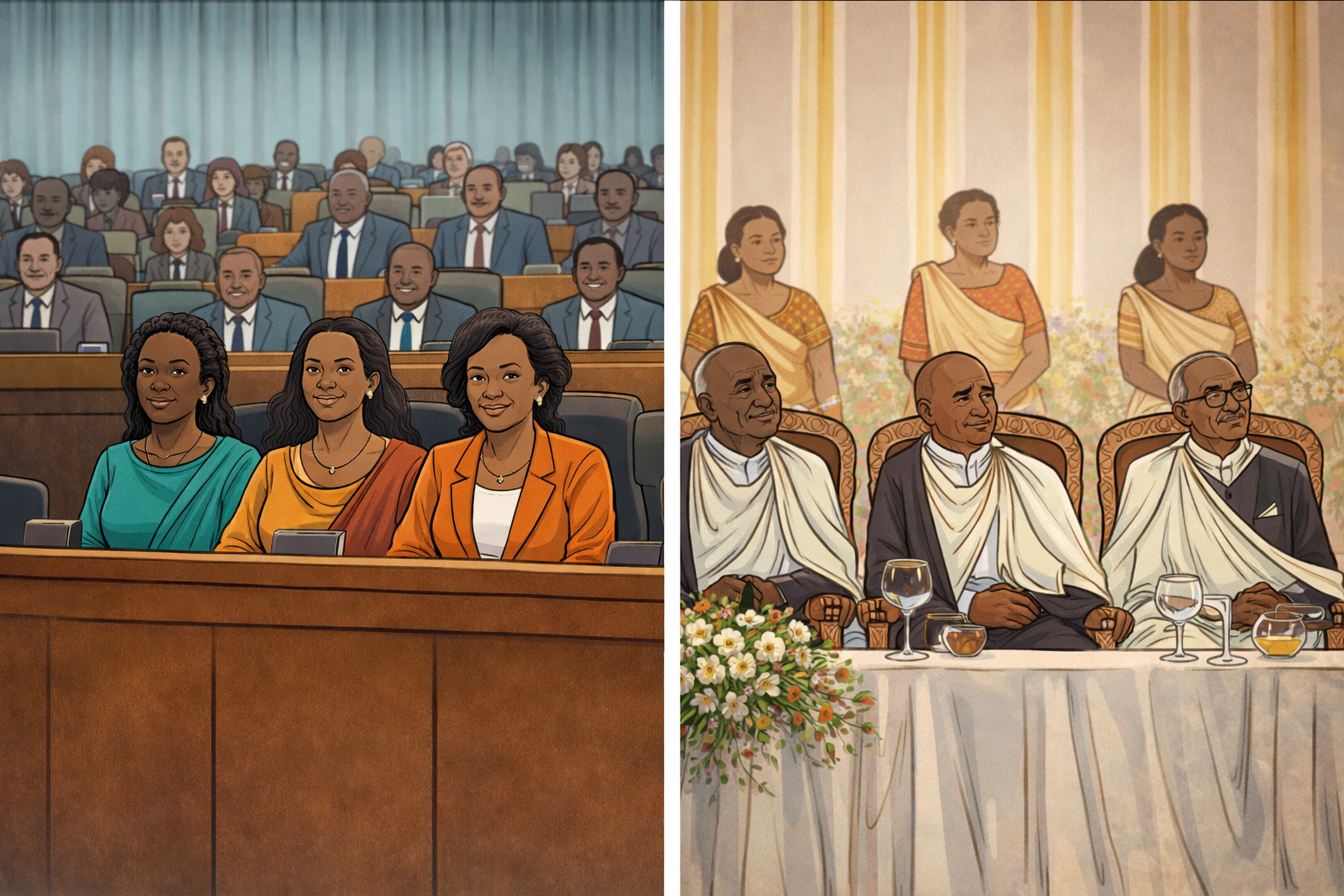 Diptych photo: left, audience in a lecture hall; right, dignitaries in robes at a ceremony.