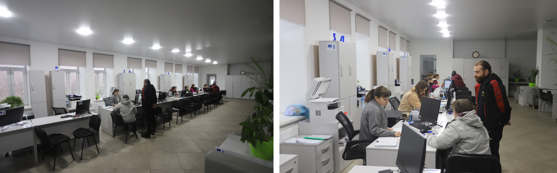Photo collage of an open-plan office: left rows of desks and computers; right people near a wall.