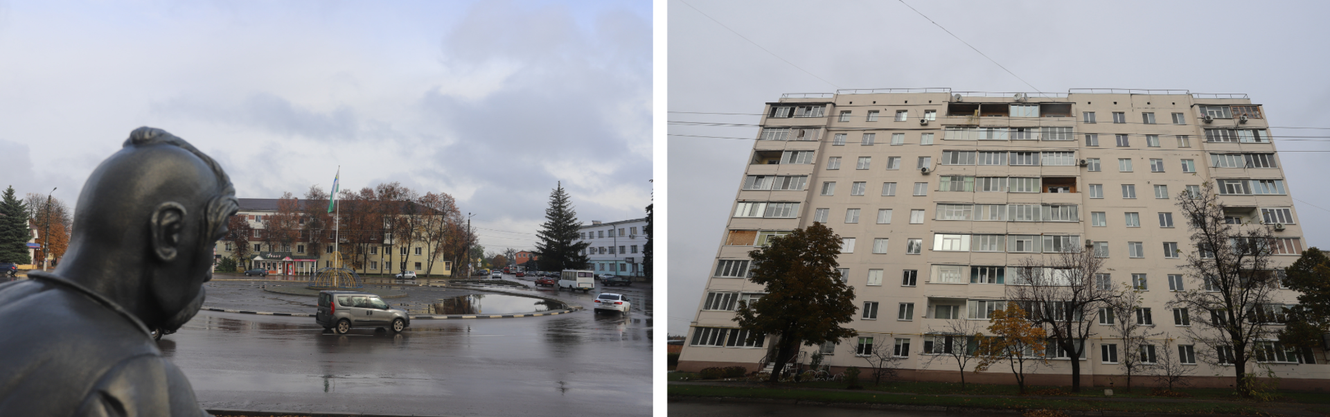 Photo collage: left shows a hooded figure by a river; right a tall beige apartment block.