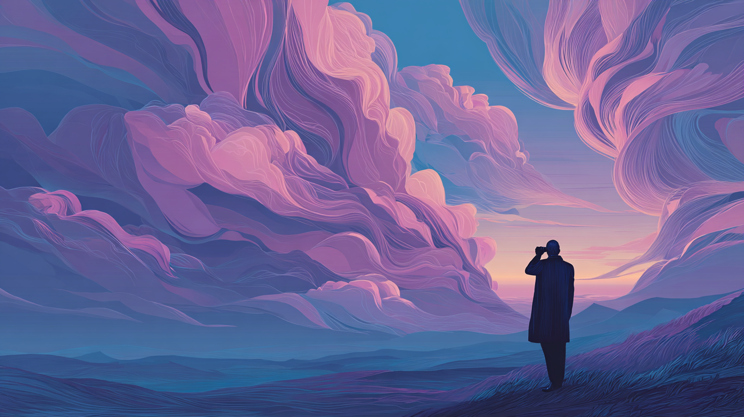 Person looks through binoculars at clouds ahead